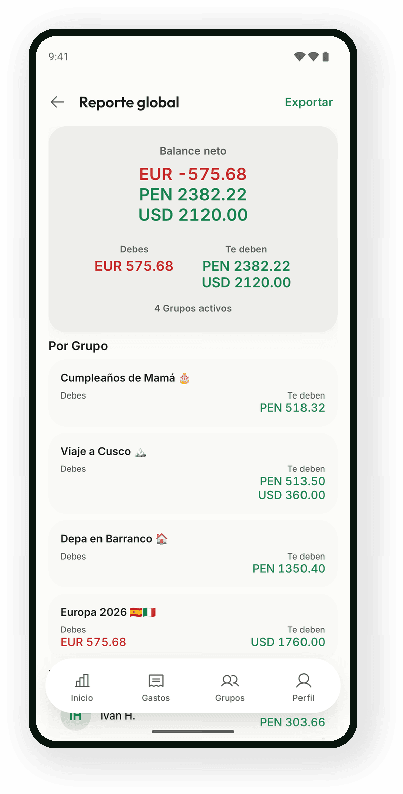 Sabe cuánto te deben: Todos tus grupos en un reporte global.