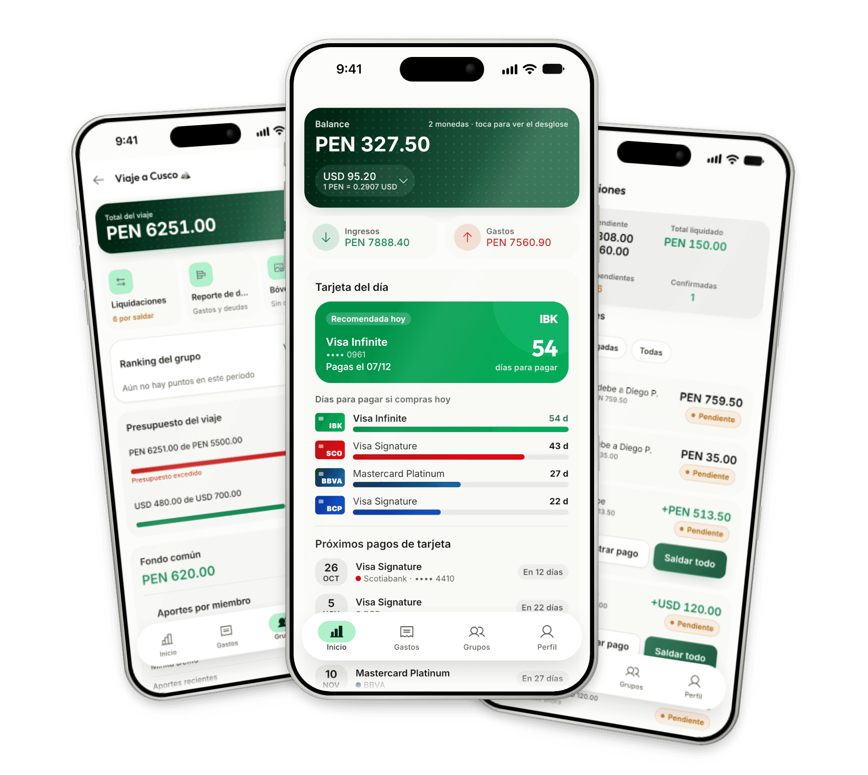 Minkay, travel light with clear accounts: Mina the squirrel next to three app screens with the balance per currency, a group trip and the global report