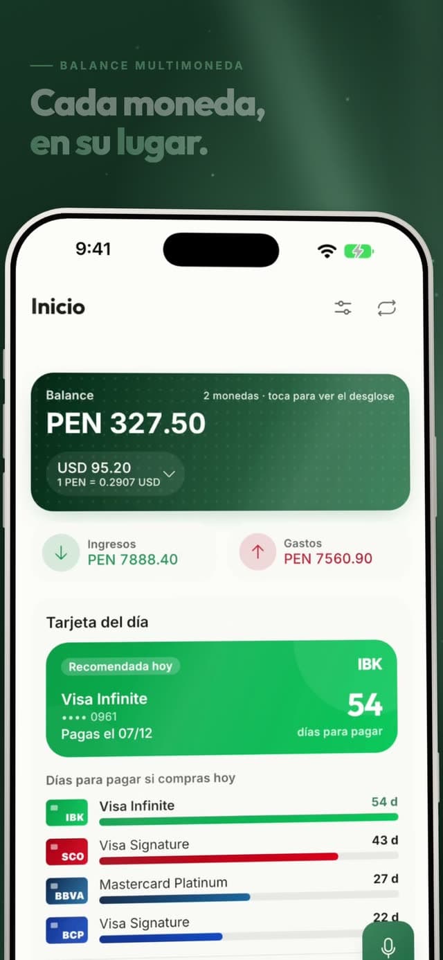Vista previa de Minkay en un iPhone: balance por moneda, gasto dividido en grupo, liquidaciones y reporte global