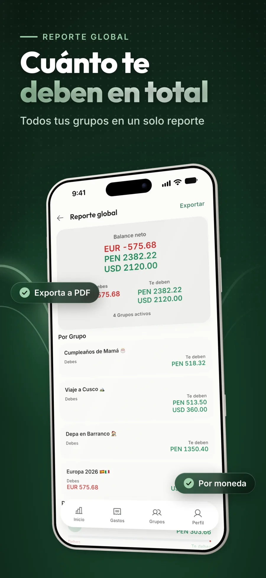 Sabe cuánto te deben: Todos tus grupos en un reporte global.