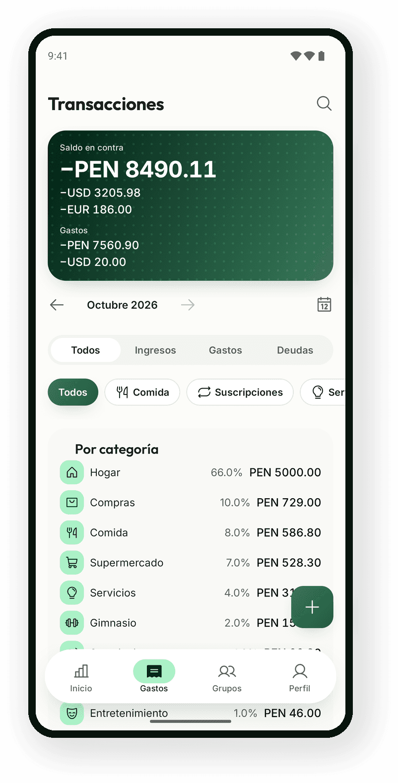 Pantalla de Minkay con los gastos del mes agrupados por categoría