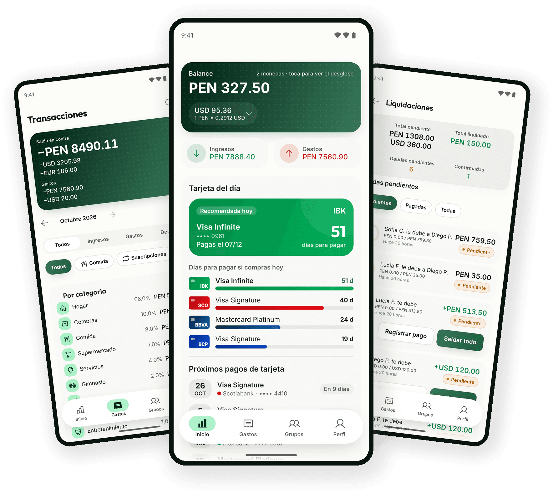 Minkay, viaja ligero y con cuentas claras: Mina la ardilla junto a tres pantallas de la app con el balance por moneda, un viaje en grupo y el reporte global